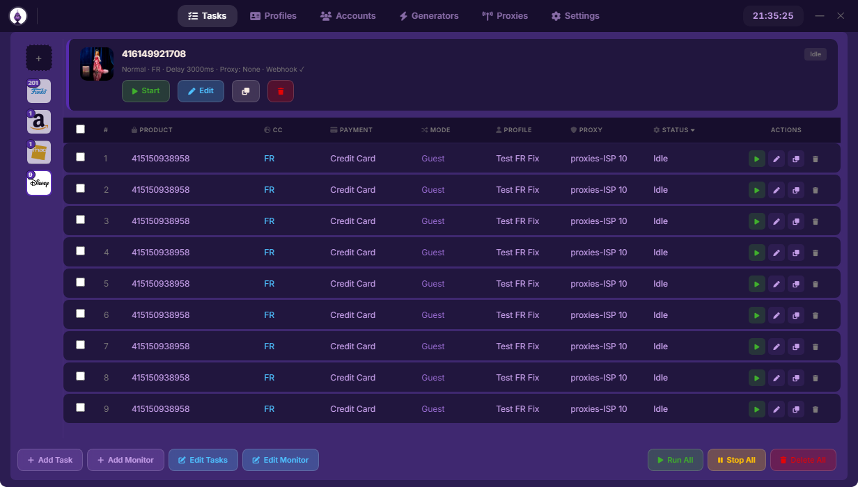 YvorAIO Windows checkout bot dashboard showing active tasks monitoring Amazon, Disney Store, Funko, Fnac and EQL with live status, proxy rotation and profile management